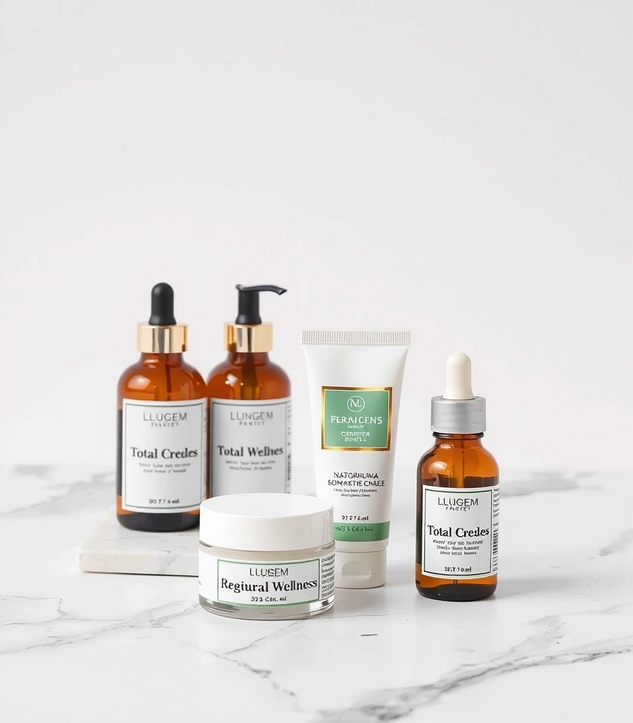 Premium natural supplements and skincare products arranged elegantly on marble surface